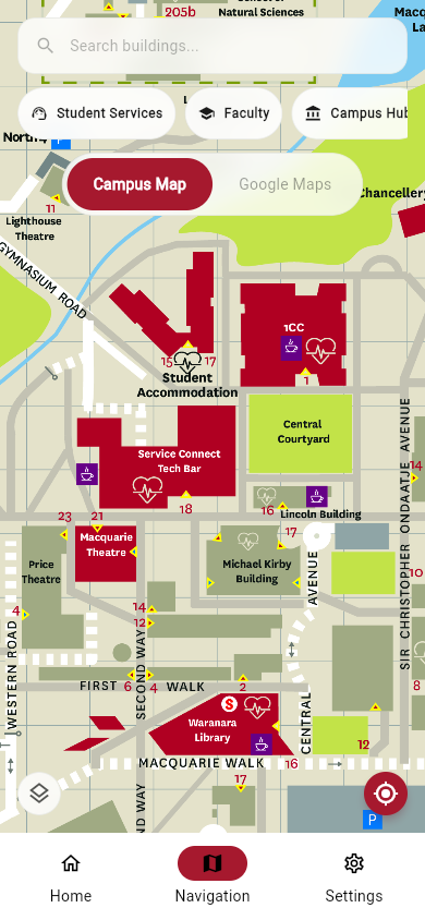 Campus Navigation mobile map showing campus buildings and search