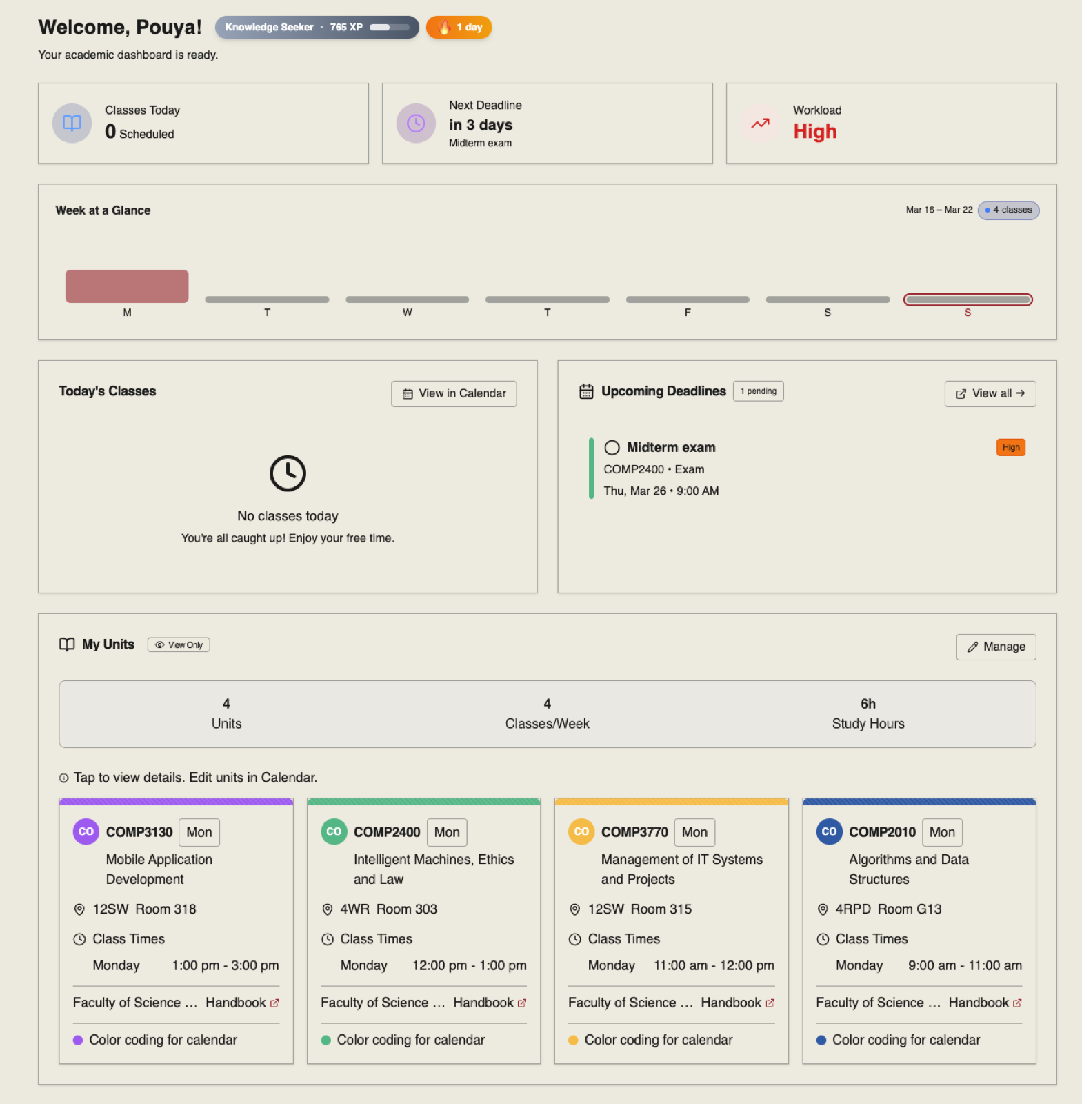Syllabus Sync dashboard showing a semester overview